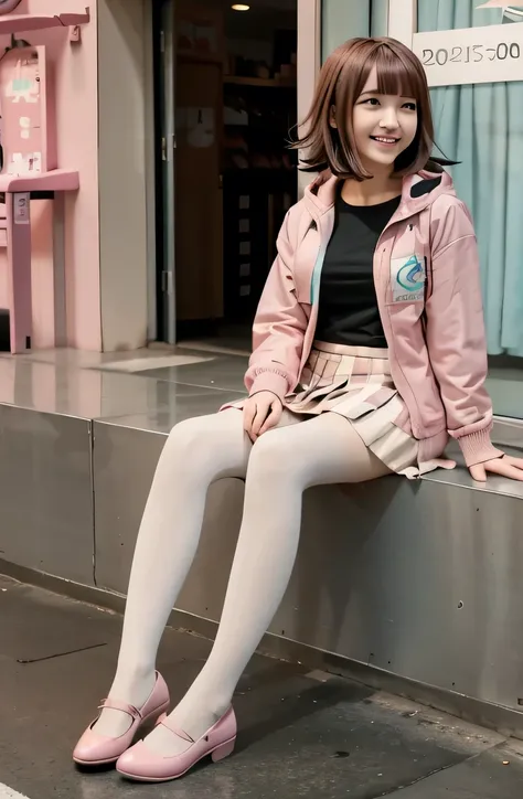 chiaki nanami in casual clothes at the shopping mall, pink short hair, pink eyes, fringe, teal hooded jacket, smile、looking into...