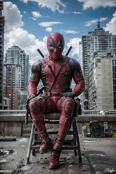 masterpiece, best quality, ultra high res, photorealistic, deadpool, sitting on a chair, streets, destruction, ruins, dark theme...