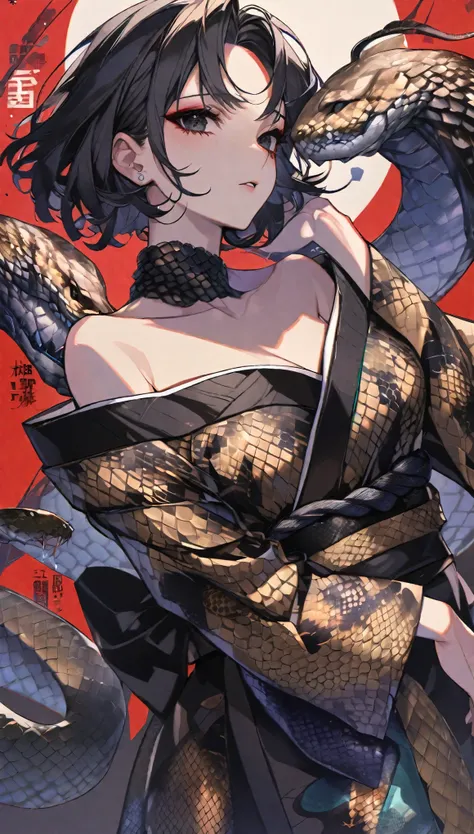 girl,一条蛇缠绕着girl,Black Hair、black eyes,,Off-shoulder kimono,Beautiful face,Snake Woman、Poker face、Black snake pattern、turn around、A black ribbon tied around the neck、Snake scale pattern kimono、With the snake、Personal illustration、short hair