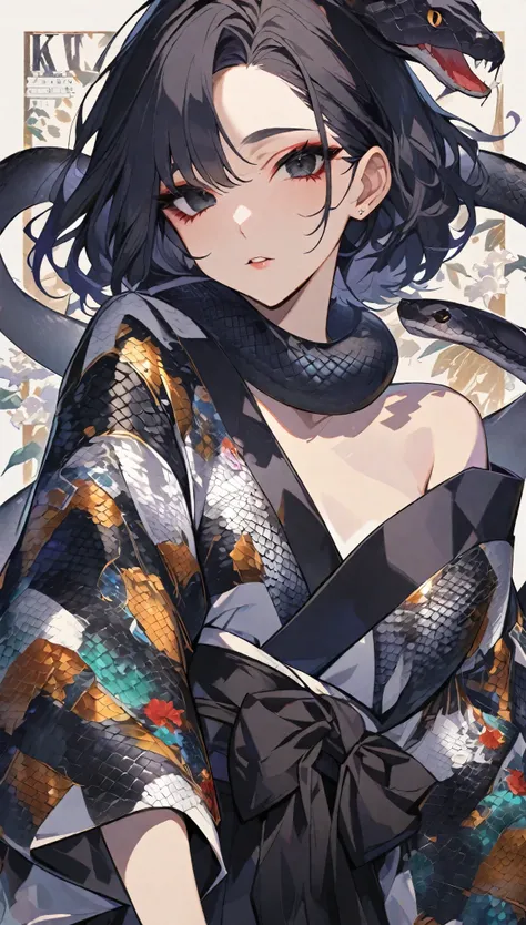 girl,一条蛇缠绕着girl,Black Hair、black eyes,,Off-shoulder kimono,Beautiful face,Snake Woman、Poker face、Black snake pattern、turn around、A black ribbon tied around the neck、Snake scale pattern kimono、With the snake、Personal illustration、short hair