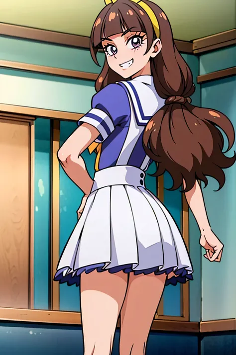 1 girl,(solo), ((amanogawaki)), (masterpiece:1.2), (high quality:1.0), (ultra detailed), (Smug Grin), Brat, Adolescent, (Yellow Headband), ((Blue White Uniform)), Looking Back, Looking at viewer, Black Shoes, White Uniform Skirt, (Popliteal fossa) 