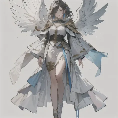 Sky background, Female angel drawing, Short full body portrait!, Whole body concept, detailed Whole body concept, Young Girls, sketch, Full body character concept, Full body figure painting, Majestic Angel, Winged people, Black Wings, White gauze dress, (m...