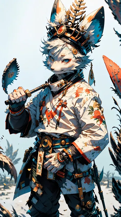 32k UHD resolution, arctic fox, warrior, 高度详细的warrior战斗盔甲和 sashimono 战旗, Blood splatter, Cherry blossoms fluttering in the wind, Post-apocalyptic feudal Japan setting