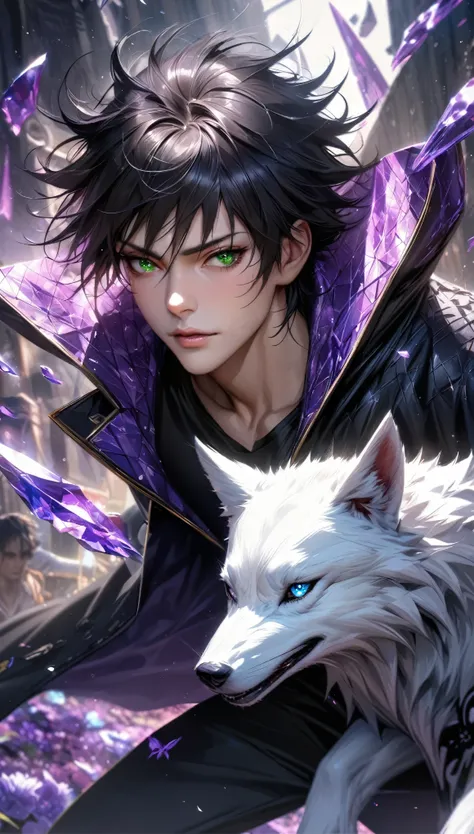 Extremely detailed, high resolution, absurd, HDR, masterpiece, Fushiguro Megumi, Black Hair, Expressive green eyes, Jiu Jitsu Kaiba, Black pattern long coat, Purple Ice flowers, petal, Very handsome, Sexy men, Solitary, Extremely detailed eyes and face, Pu...