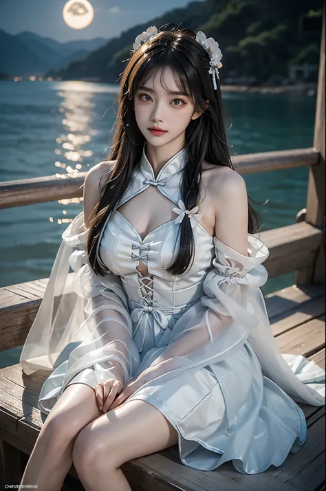 cyb dress, chinese clothes, detached collar, clothing cutout, wide sleeves, see-through sleeves, tassel (Sun, sea, sand), a beautiful woman, a stunning girl sitting on the beach with her knees bent and sideways, (Very nice legs, no extra legs, anatomically...