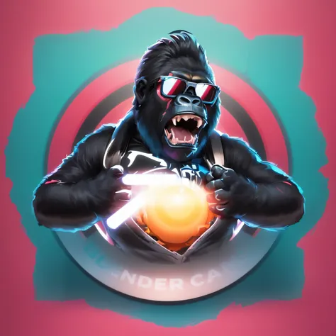 a close up of a gorilla with a camera in his A striking and eccentric logo design featuring a fashionable gorilla sporting two chic sunglasses. The gorilla appears to be tearing open its chest, revealing a glowing orb within. Blood pours from the gorillas ...