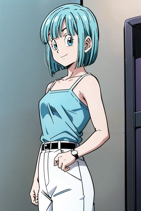 Cell Saga, short hair, Aqua Hair, Bobcut, bangs, blue eyes, One girl, alone, Light blue camisole, abdomen, belt, White pants, watch, Cowboy Shot, From the side, View your viewers, A light smile,