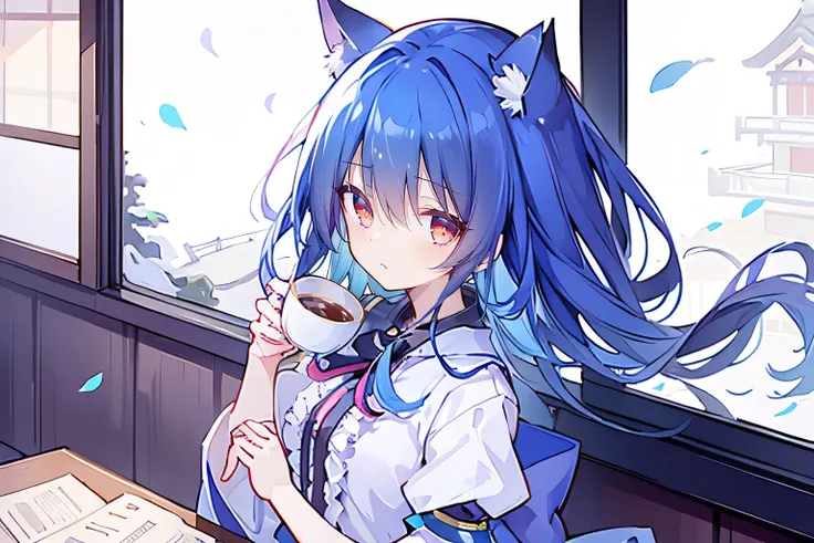 (Masterpiece:1.2)，Ultra-detailed，lifelike，The eyes are expressive，Fair skin，Perfect face shape，1 girl，Japanese Manga，Gorgeous blue hair，Flowing blue hair，Flowing clothes，Cat ears，Petals falling，Smile，Tokyo background，background，heavy snow，winter.Highest qu...