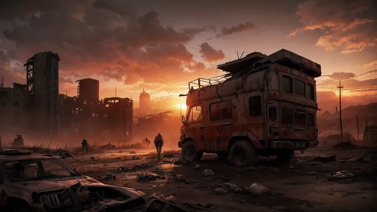 Deathcore instrumental of a post-apocalyptic wasteland with rusting vehicles and desolate ruins, under a blood-red sky, cinematic composition, trending on ArtStation.