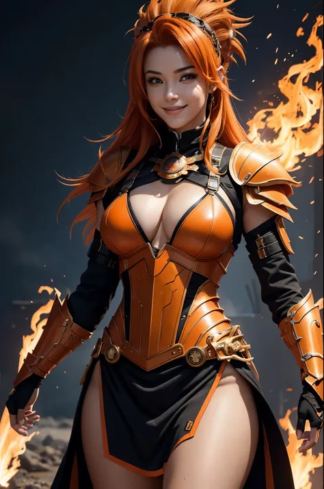 8k,American female fire goddess, With the energy of a 20-year-old.,Super Beauty(Like the real thing),Looking at the audience with a big smile.,Orange Mohawk Hair,Sexy orange and black large chest armor(Fire God&#39;s Emblem),Orange Flame Gauntlets(Fire God...