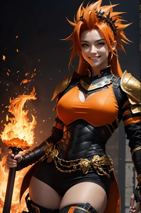 8k,American female fire goddess, With the energy of a 20-year-old.,Super Beauty(Like the real thing),Looking at the audience with a big smile.,Orange Mohawk Hair,Sexy orange and black large chest armor(Fire God&#39;s Emblem),Orange Flame Gauntlets(Fire God...