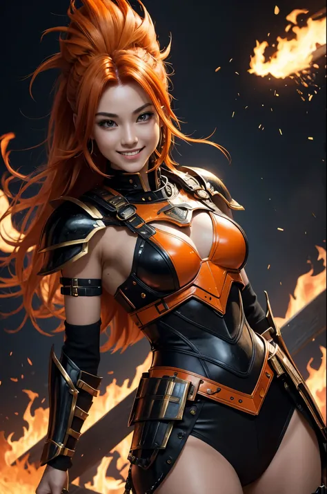 8k,American female fire goddess, With the energy of a 20-year-old.,Super Beauty(Like the real thing),Looking at the audience with a big smile.,Orange Mohawk Hair,Sexy orange and black large chest armor(Fire God&#39;s Emblem),Orange Flame Gauntlets(Fire God...