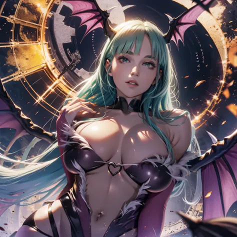 (Morrigan Darkstalker: 1.5), alone, at night, full moon, Charming smile, Beautiful face in every detail, The perfect human body, Golden glowing eyes, Delicate depiction,Accurate Face（Huge cleavage，Fine skin），Angle from below, , masterpiece, 8k, (Dynamic Sh...