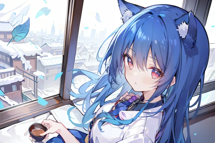 (Masterpiece:1.2)，Ultra-detailed，lifelike，The eyes are expressive，Fair skin，Perfect face shape，1 girl，Japanese Manga，Gorgeous blue hair，Flowing blue hair，Flowing clothes，Cat ears，Petals falling，Smile，Tokyo background，background，heavy snow，winter.Highest qu...