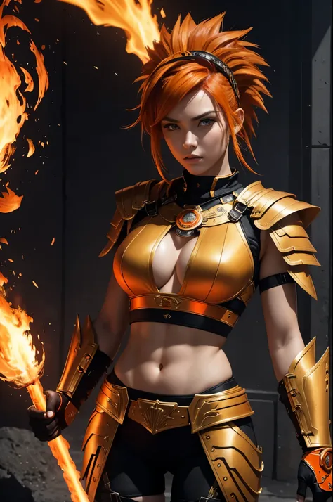 8k,American female fire goddess, With the energy of a 20-year-old.,Super Beauty(Like the real thing),Staring angrily at the audience.,Orange Mohawk Hair,Sexy orange and black large chest armor(Fire God&#39;s Emblem),Orange Flame Gauntlets(Fire God&#39;s Em...