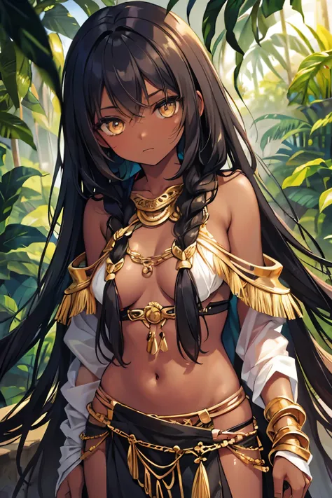 tribal jungle girl. dark skin, gold eyes balck hair