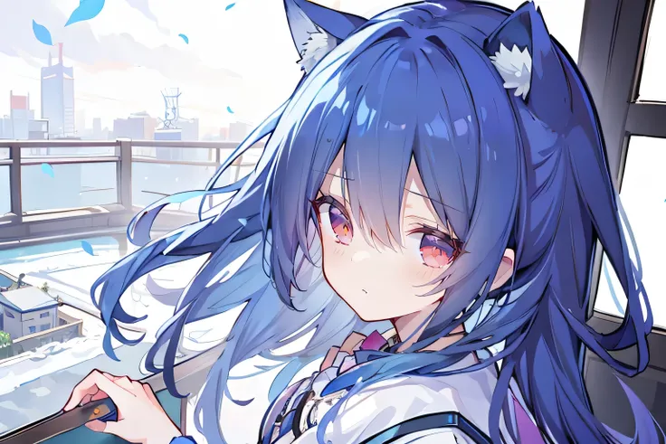 (Masterpiece:1.2)，Ultra-detailed，lifelike，The eyes are expressive，Fair skin，Perfect face shape，1 girl，Japanese Manga，Gorgeous blue hair，Flowing blue hair，Flowing clothes，Cat ears，Petals falling，Smile，Tokyo background，background，heavy snow，winter.Highest qu...