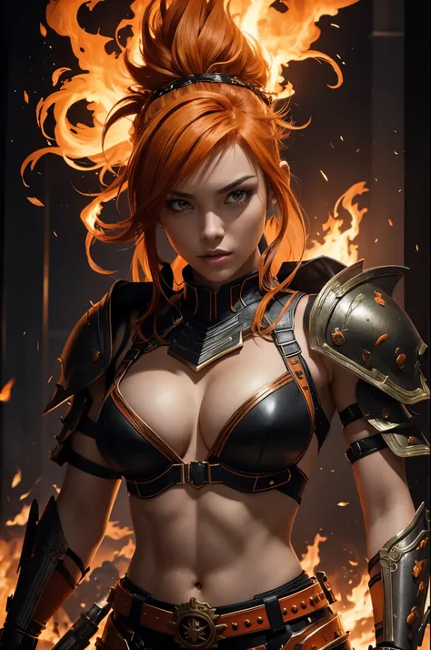 8k,American female fire goddess, With the energy of a 20-year-old.,Super Beauty(Like the real thing),Staring angrily at the audience.,Orange Mohawk Hair,Sexy orange and black large chest armor(Fire God&#39;s Emblem),Orange Flame Gauntlets(Fire God&#39;s Em...