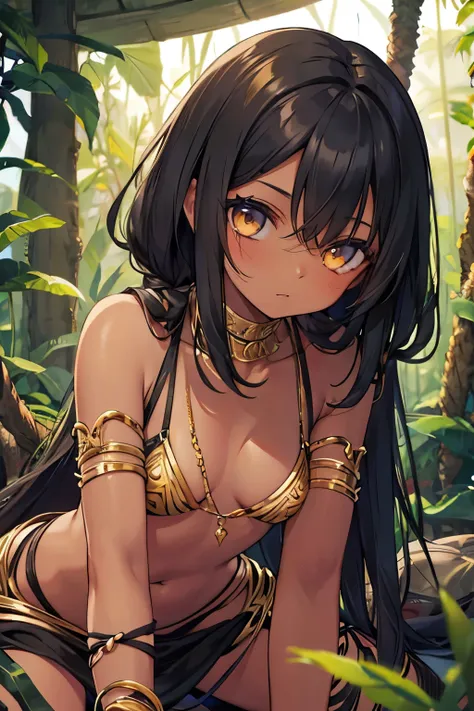 tribal jungle girl. dark skin, gold eyes balck hair