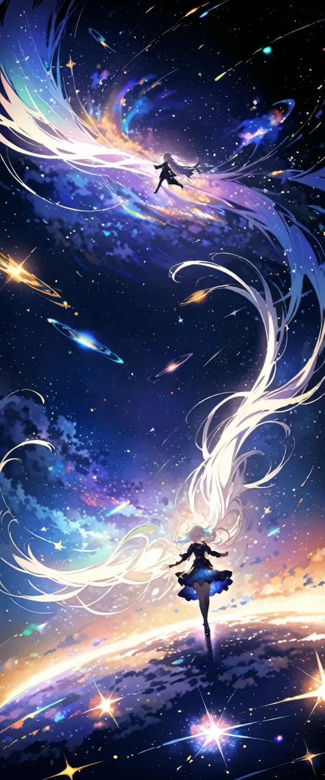 Attention to detail, Super Detail, Ultra-high resolution, A girl having a good time in a dream galaxy, Surrounded by stars, The warm light that shines on her, The background is a starry sky with colorful galaxies and galactic clouds, The stars fly around h...