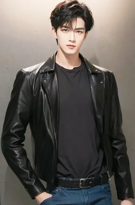 at office,wearing black leather jacket,two block haircut, Attractive man,Live-action photo,Handsome and sunny,(SLR effect,Reality,8K,Hyper-detailing,Absolute realism)