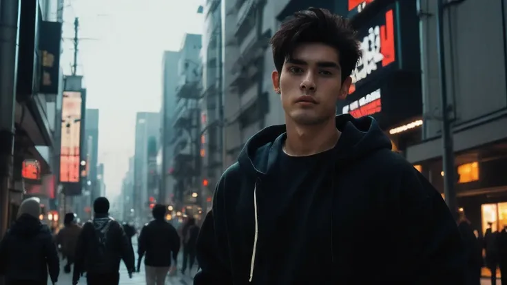 A Cute Boy, Cyberpunk Style,Wearing a hoodie shirt,HD resolution,High quality
