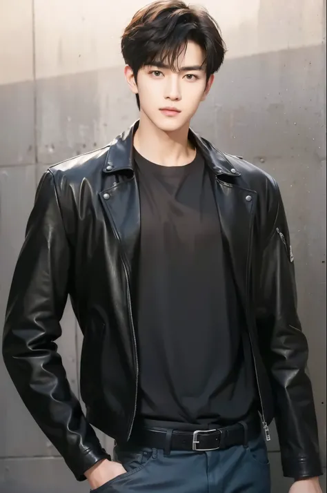 at office,wearing black leather jacket,two block haircut, Attractive man,Live-action photo,Handsome and sunny,(SLR effect,Reality,8K,Hyper-detailing,Absolute realism)