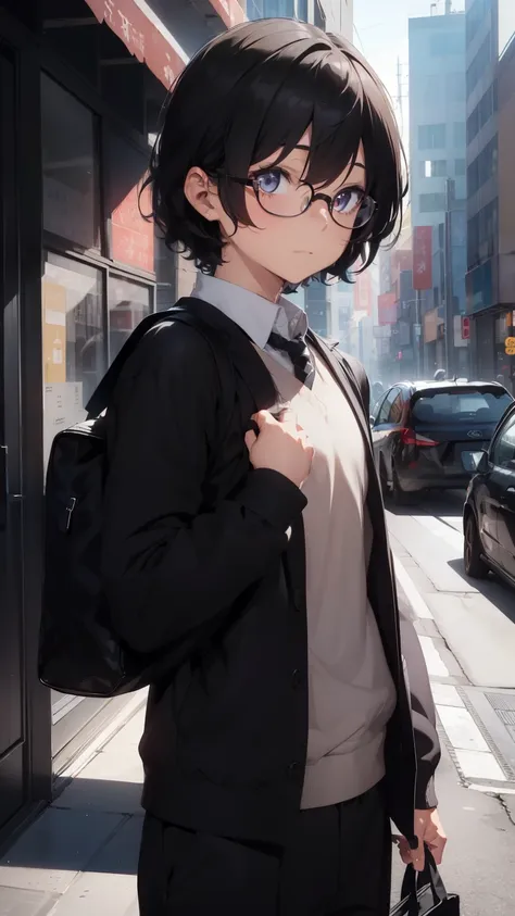 (1 boy), (school boy), Symmetrical Eyes, male, tie, holding a book, small book in hand, (holding small book), Thick black frame glasses, shy, black messy hair, bluish-grey eye color, wearing glasses, 4k, detailed, anime 4k, (Curly hair), from side, charact...