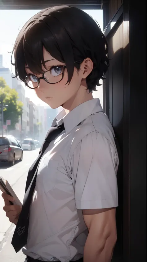 (1 boy), (school boy), Symmetrical Eyes, male, tie, holding a book, small book in hand, (holding small book), Thick black frame glasses, shy, black messy hair, bluish-grey eye color, wearing glasses, 4k, detailed, anime 4k, (Curly hair), from side, charact...