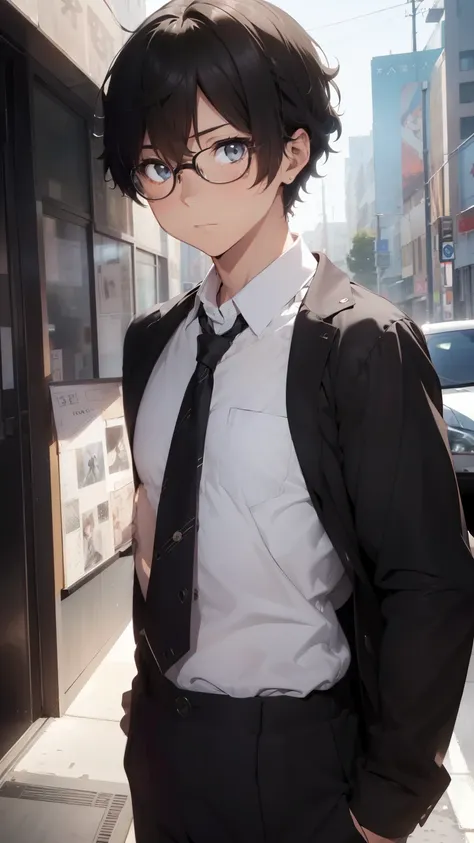 (1 boy), (school boy), Symmetrical Eyes, male, tie, holding a book, small book in hand, (holding small book), Thick black frame glasses, shy, black messy hair, bluish-grey eye color, wearing glasses, 4k, detailed, anime 4k, (Curly hair), from side, charact...