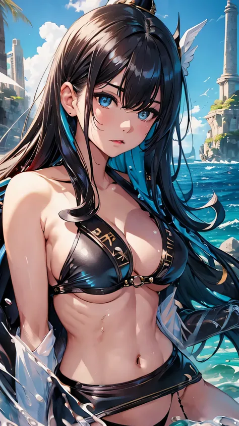 最high quality、Best image quality、masterpiece、With a girl((cute、16 years old、Best Bust、Medium Bust、Beautiful Blue Eyes、Spread your chest wide,Black Hair、Disheveled Hair、thin、Highest Valley、Black Bikini(1:3)、My whole body is wet、swim、Sea Floating)）high quali...