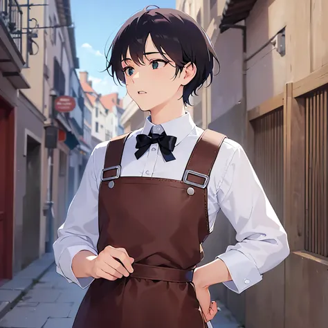 (looking away:1.5),upper body、open hands,
masterpiece、Highest quality、
BREAK (25-year-old male:1.5) and (Mahogany brown short hair) and (Green Eyes)
 BREAK (white collared  long shirt) 、apron、
confused、open mouth,The background is a back alley at night、（Ni...