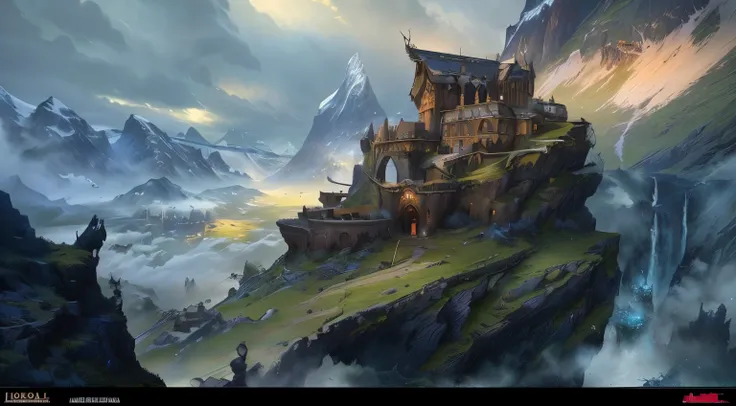 There is a painting，The painting shows a castle on a hill，A mountain in the background, detailed 4k Concept Art, Andreas Rocha style, highly detailed Concept Art, beautiful detailed Concept Art, Concept Art highly detailed, amazing Concept Art, amazing! Co...