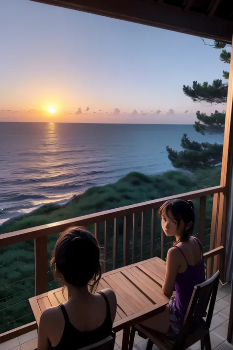 From the terrace the three girls could see the pine forest to their right and the beach in front of them. The sea was rough and on the horizon they could see the small shape of a cargo ship, while the sky was darkening, taking on shades of gray and purple ...