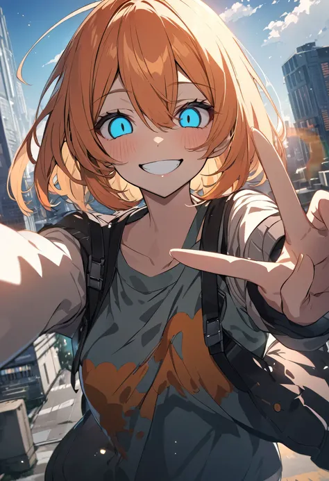 anime girl, orange hair, dead eyes, smiling, peace sign, cityscape bg, UHD, I’m okay