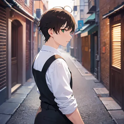 (looking away:1.5),upper body、open hands,
masterpiece、Highest quality、
BREAK (25-year-old male:1.5) and (Mahogany brown short hair) and (Green Eyes)
 BREAK (white collared  long shirt) 、apron、
confused、open mouth,The background is a back alley at night、（Ni...