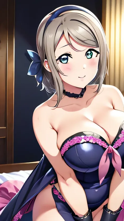 night、lovelive　Watanabe You、Black Background、Hotel Bedroom、Sensual pink light、Sequin rubber suit with green lines、tall、Upper Body、adult、Long gloves、Big Breasts、Navy blue pixie cut、ID photo、Upper Body