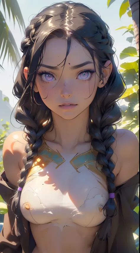 ((Completely naked:1.4))、Girl Tribe,One girl,

(Large Breasts:1.4),((((Long twin braids,Tight braids,Long braids,Braided hair,Long Hime Cut,Black Hair,Black Hair,Inner hair color)))),(((purple_eye:1.3))),Complex eye,beautiful detailed eye,symmetrical eye,(...