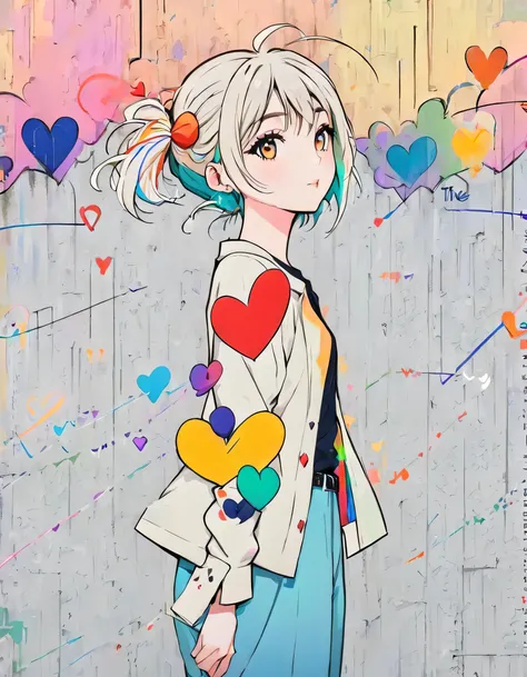 Mika Pikazo style, Simple Line Initialism，Abstract art，Urban Background, colorful hearts ,(((The most beautiful girl of all time))),