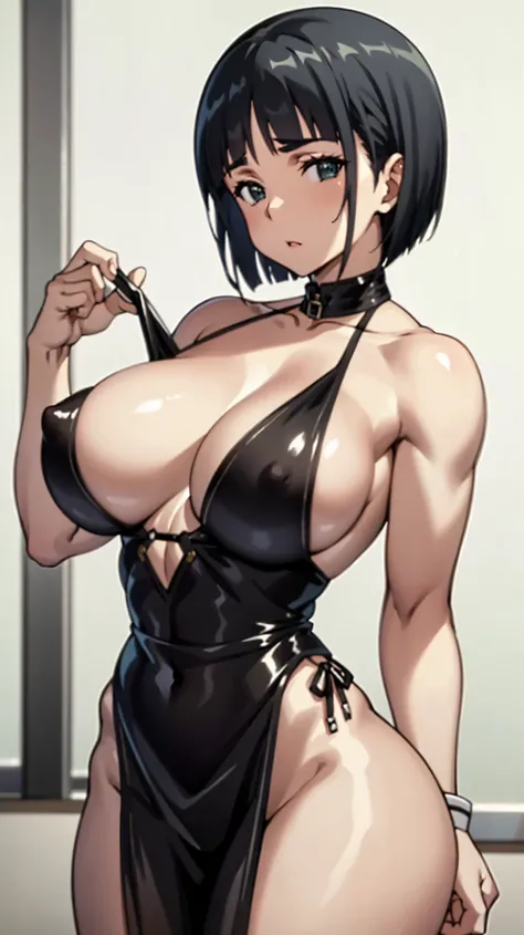 Suguha Kirigaya,1female,black short hair, sexy dress,cleavage,breasts,covered nipples,Incredibly thin waist,