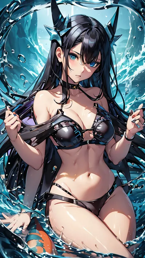 最high quality、Best image quality、masterpiece、With a girl((cute、16 years old、Best Bust、Medium Bust、Beautiful Blue Eyes、Spread your chest wide,Black Hair、Disheveled Hair、thin、Highest Valley、Black Bikini(1:3)、My whole body is wet、swim、Sea Floating)）high quali...