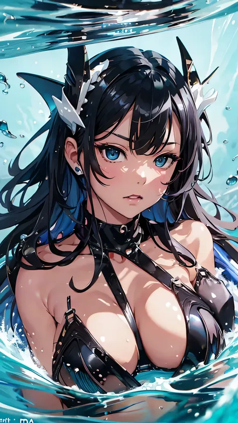 最high quality、Best image quality、masterpiece、With a girl((cute、16 years old、Best Bust、Medium Bust、Beautiful Blue Eyes、Spread your chest wide,Black Hair、Disheveled Hair、thin、Highest Valley、Black Bikini(1:3)、My whole body is wet、swim、Sea Floating)）high quali...