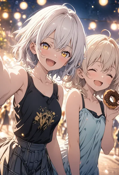 Two girls eating donuts, masterpiece, Highest quality, Highly detailed CG Unity 8K wallpapers, High School Girl Anime Illustration. Wear an oversized tank top, She is wearing a red and black checked skirt.., Healthy pose, She closes her eyes and opens her ...