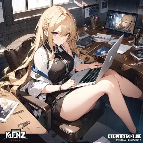 anime - style image of a woman sitting at a desk with a laptop, official art, on a desk, official character art, blonde anime girl with long hair, cushart krenz key art feminine, high detailed official artwork, sat at her desk, from girls frontline, offici...