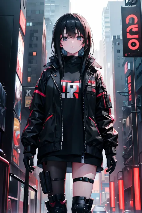 tech wear, girl, black hair, black eyes armory, cyberpunk bancground