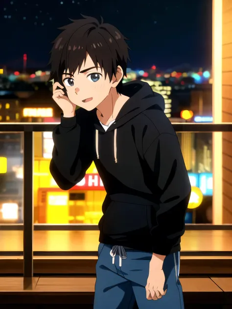 Highres, Masterpiece, Best quality at best,Best Quality,hight quality, hight detailed, 1boy, Boy,Straight hair, Side bangs, Shota, Black hoodie, Glove,  Depth of field, Anime screencap style, thin line, Sticking out tongue, Seen from the front, Cute boy, (...