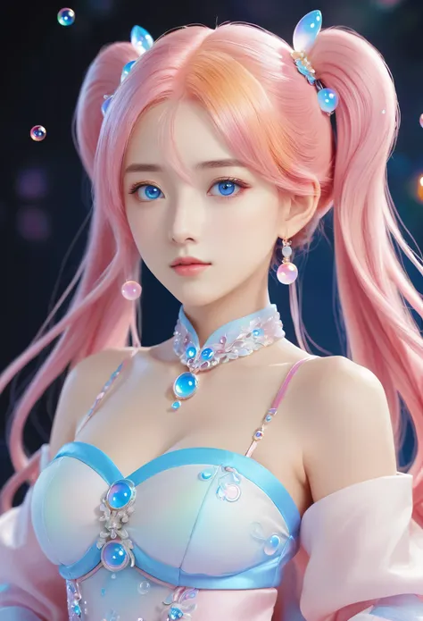 (masterpiece)， (best quality)， (Very detailed)， (illustration)， (1 girl) (Long pink hair 1.5) (blue eyes) (Twintails 2.0)， (((No shoulder)))，Hanfu， (Looking at the audience， (interview)， (Simple background)， Beautiful and delicate eyes， Delicate and beauti...