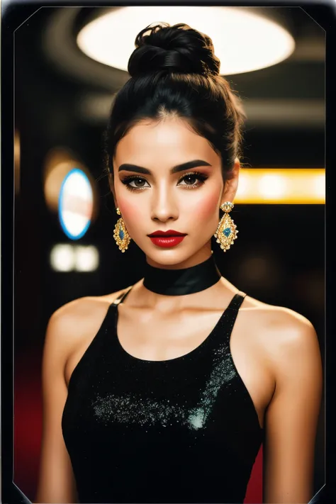 photo the (you must:0.99), ((ferrotype)), (polaroid frame:1.2), perfect updo hairstyle, attractive fashion model, glamorous fashion event, wearing a dress, choker, (Painted lips), earrings, (classic casino background),  intricate detail, dim lighting, deta...