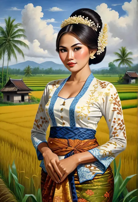 beautiful busty javanese peasant woman donning a brocade kebaya dress and batik long skirt, simple bun hairdo with small beautiful flowers in her hair, insanely detailed and intricate rice field background, oil on canvas painting, realistic style, heavily ...