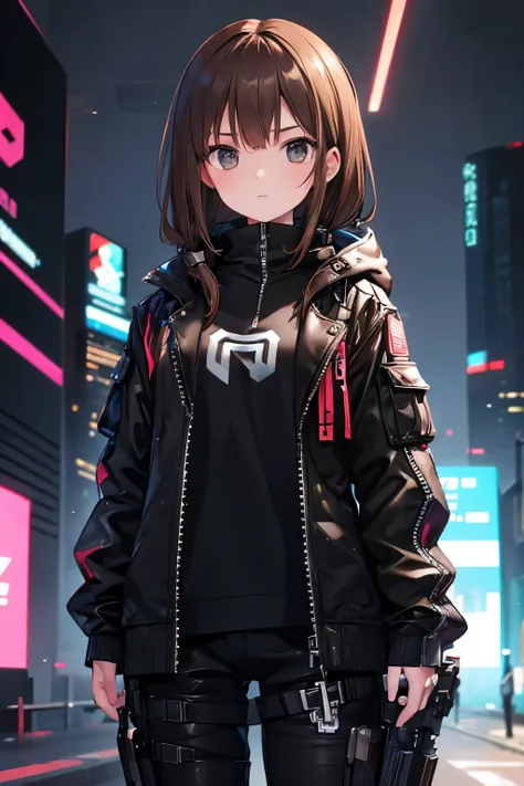 tech wear, girl, brown hair, black eyes armory, cyberpunk background